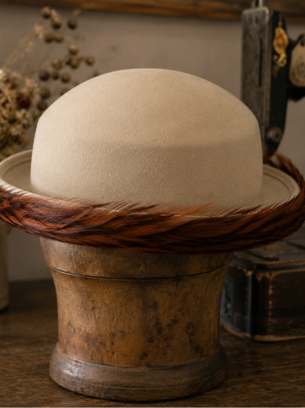 Vintage Wool Felt Hat with Copper Feather Trim 2” Brim Womens Millinery Made USA